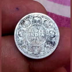 British India Silver 1/4 Rupee Year 1919 King George-V in Used Condition.