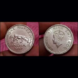 British India One Rupee Cu/Ni Year 1947 Tiger 🐅 Portrait King George-VI in AUNC Grade.
