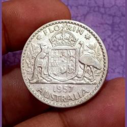 Australia Silver One Florin Weight 11.31 Grams Year 1957 Queen Elizabeth-II **Rare** Collectable Grade.