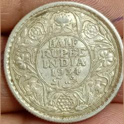 1934, George six, 1/2 Rupees. British india,full silver coin 🪙 (004)