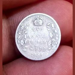 British India Silver 2 Anna's Year 1904 King Edward-VII in Used Condition.