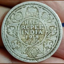 1918,, George fifth, Half Rupees. British india ,full silver coin 🪙(#sku688)