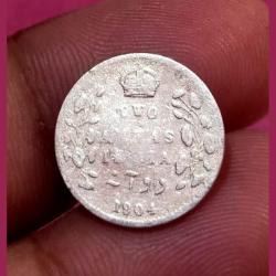 British India Silver 2 Anna's Year 1904 King Edward-VII in Used Condition.