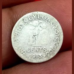 Ceylon Silver 10 Cents Year 1913 King George-V **Rare** Collectable Grade.