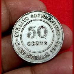 Straits Settlements Silver 50 Cents or 1/2 Dollar Year 1921 King George-V **Rare** High Collectable Grade.