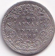1889 Victoria Two Anna Silver British India Coin #S545