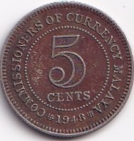 1948 Malay 5 Cent George Six Coin #S570