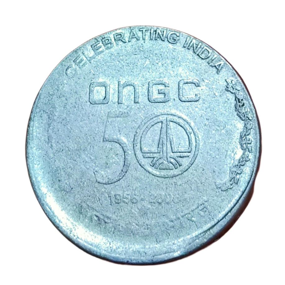 5 Rupees Fss Commemorative Issue 50 Year's ONGC Vertical Off Center Error in Used Condition.