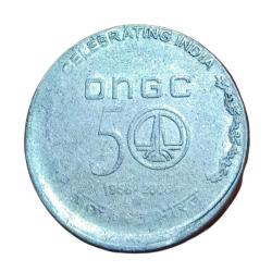 5 Rupees Fss Commemorative Issue 50 Year's ONGC Vertical Off Center Error in Used Condition.