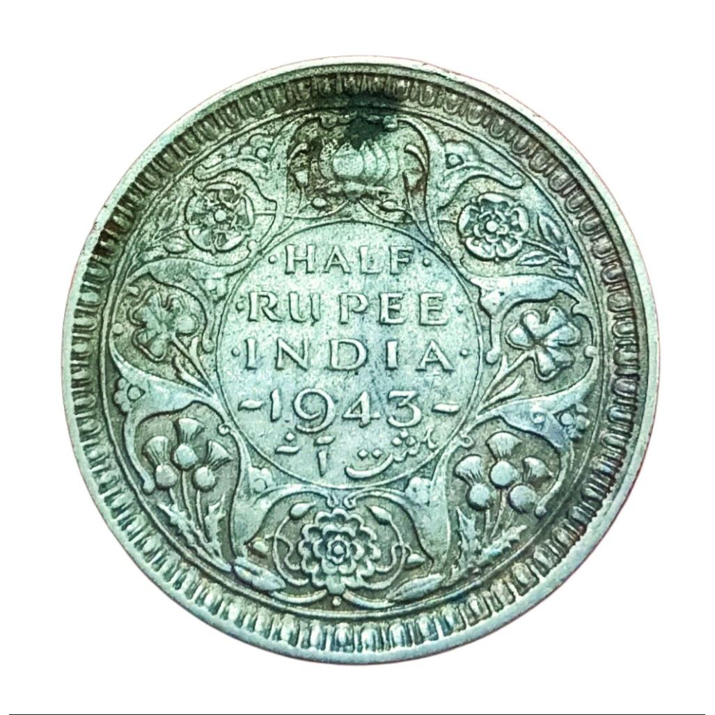 British India Silver 1/2 Rupee Year 1943 Bombay Mint King George-VI in Collectable Grade.