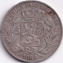 1868 Belgium 5 Francs - Léopold II small head Silver Weight 25 g Big Size Crown Size Coin #R106