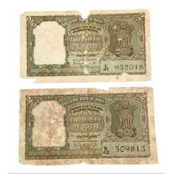 2 Rupees Big Fafra Issue Half Tiger 🐯 Olive Green P.C Bhattacharya 2 Notes Torn Poor Condition.