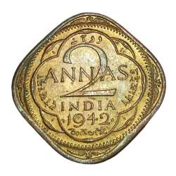 British 2 Anna's Ni/Brs Year 1942 King George-VI in UNC Grade.