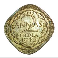 British 2 Anna's Ni/Brs Year 1943 King George-VI in UNC Grade.