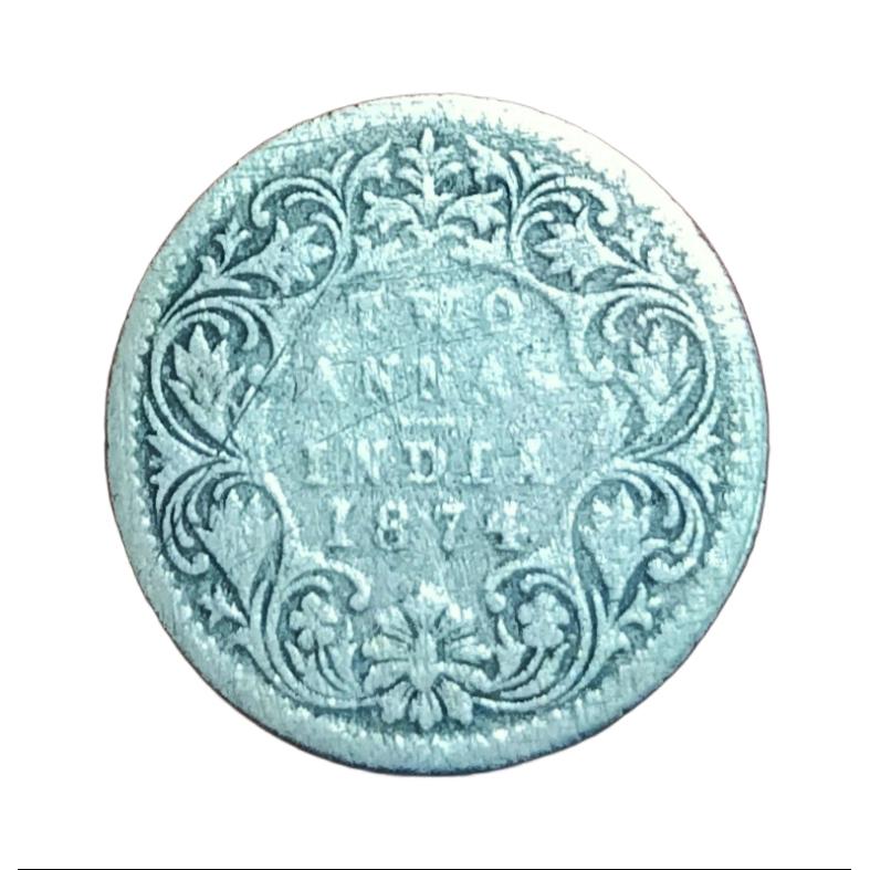 British India Silver 2 Anna's Year 1874 Queen Victoria **Rare** Used Condition.