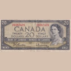 Very Rare Canada 20 Dollar 1954 Ottawa Elizabeth Old Ishu Bank Note