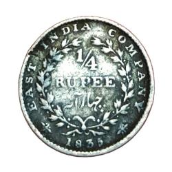 British India Silver 1/4 Rupee "East India Company "Year 1835 King William-IV **Rare** Collectable.