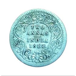 British India Silver 2 Anna's Key Date Year 1888 Victoria Empress **Scare** Collectable Grade.