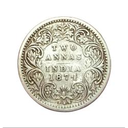 British India Silver 2 Anna's Key Date Year 1874 Queen Victoria **Rare** High Collectable Grade.