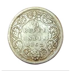 British India Silver 1/4 Rupee Year 1862 Queen Victoria **Scare** Collectable Grade.