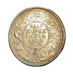 British India Silver 1/2 Rupee Year 1936 King George-V in UNC Grade Natural Toning & Mint Luster