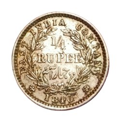 British India Silver 1/4 Rupee “Eic” Year 1840 Victoria Divided Legend in High Grade.