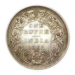 British India Silver Rupee Year 1862 Queen Victoria with 4 Dots **Scare** High Grade.