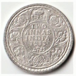 Scare Two Anna India 1913 of George V King Emperor Silver British India Coin Good Grade