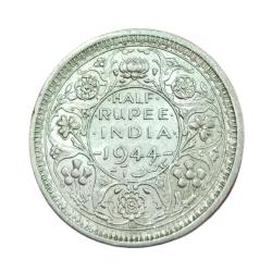 British India Silver 1/2 Rupee Year 1944 "L" Lahore Mint King George-VI **Scare** High Grade.