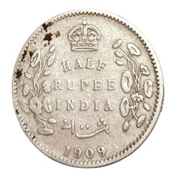 British India Silver 1/2 Rupee Year 1909 King Edward - VII Rare Collectable Grade.