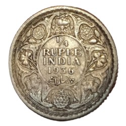 British India Silver 1/4 Rupee Year 1936 King George-V High Grade with Rainbow Toning.