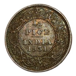 British India Copper 1/2 Pice Year 1931 King George-V in AUNC High Grade.