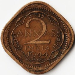 Extremely Rare Two Anna 1944 L mark Lahore Mint Nickel-Brass Coin of Large 44 Variety King George VI British India Coinage