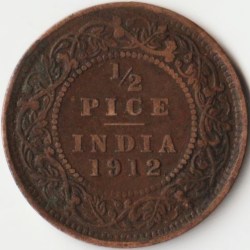1/2 Pice 1912 Copper Coin of King George V British India Coinage