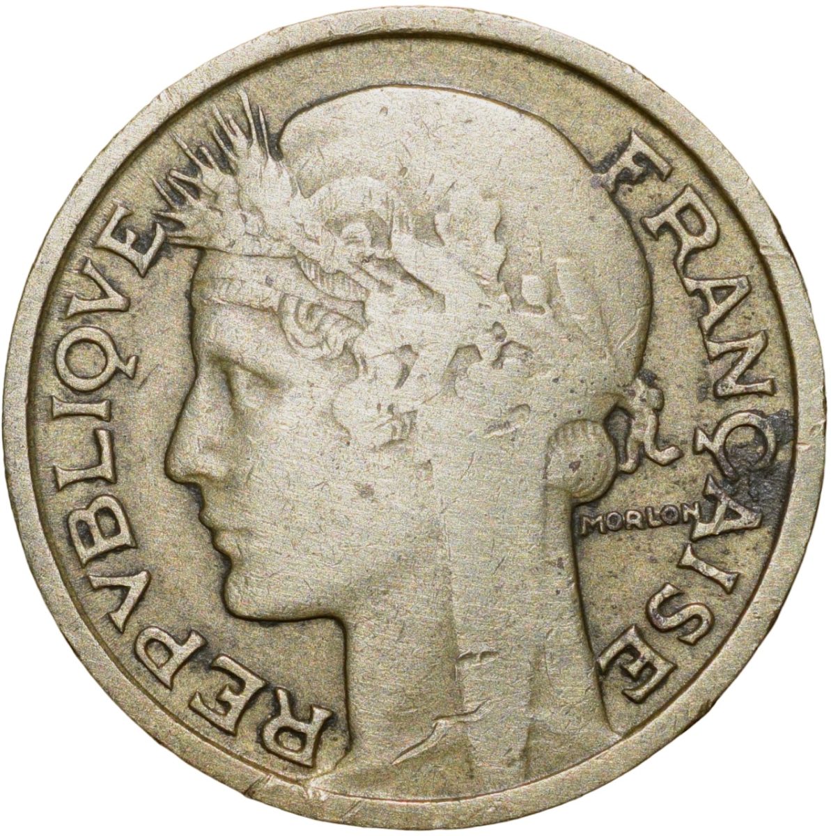 Old Brass 50 Centimes of France Country (AD 1933) with Marianne's head left Rare