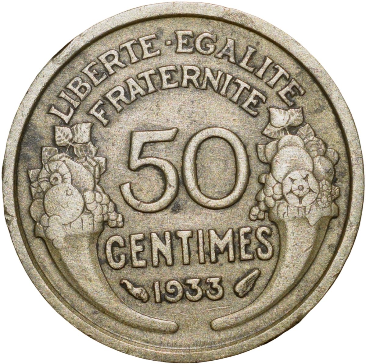 Old Brass 50 Centimes of France Country (AD 1933) with Marianne's head left Rare