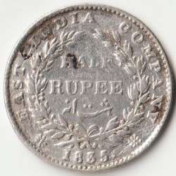 Extremely Rare Half Rupee 1835 with Die Rotation 1 O’clock Error of East India Company of William IV Silver Coin