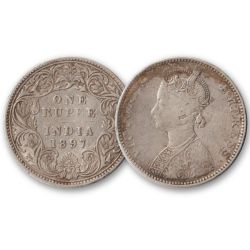 Extremely Rare One Rupee 1897 Silver Coin of Bombay Mint Mark B Incused Victoria Empress British India Coinage
