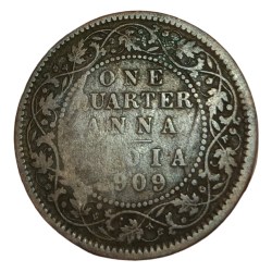 British India One Quarter Anna Key Date Year 1909 King Edward-VII with Die Clash Ghosting Error **Rare** Collectable Grade.