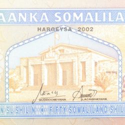 50 Shillings of Somaliland Country (AD 2002) with Historic house "Goodirka"/Camel caravan UNC Grade