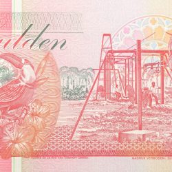 10 Gulden of Suriname Country (AD 1996) with Banana harvesting at center right & toucan at left
