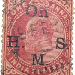 Postal Stamp of Edward VII 1 Anna Red Colour - 'ON HMS' Over Printed in Black - Used Condition as per Image.