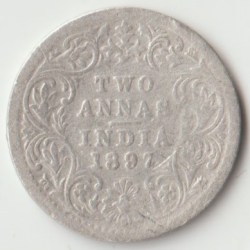 Rare Two Anna 1897 Silver Coin of Victoria Empress British India Coinage