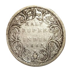 British India Silver 1/2 Rupee Year 1862 Queen Victoria **Scare** High Collectable Grade.
