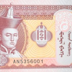 20 Togrog of Mongolia Country (AD 2018) with Mountain scenery with horses grazing in a valley