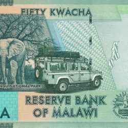 50 Kwacha of Malawi Country (AD 2020) with Elephants, tree and safari vehicle in Kasungu National Park