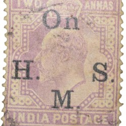Postage Stamp of Edward VII Violet Colour 2 Annas - Over Printed in Black 'ON H.M.S.' - Used Condition as per Image.