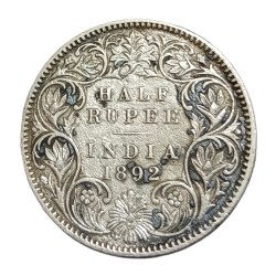 British India Silver 1/2 Rupee Year 1892 Victoria Empress **V. Scare** Collectable Grade.