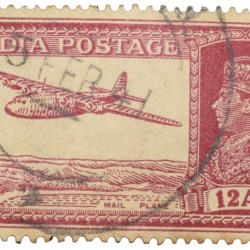Postal Stamp of George VI Murhoom Colour 12 Annas 'MAIL Plane' Issue Used Condition as per Image.