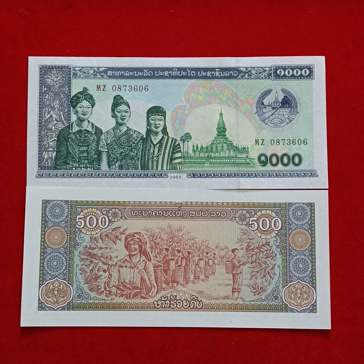 1000 Kip And 500 Kip of Laos Country Year 2003 or 2015 with cattle grazing UNC Grade Note 2 Pcs Set